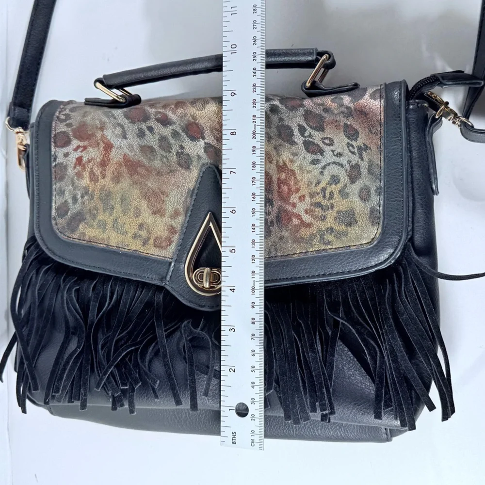 Femina Fringe Leopard Print Black Handbag Gold Interior Detachable Strap - Picture 16 of 16